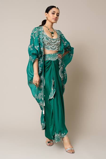 Shop_Nupur Kanoi_Green Crepe, Satin Pearls, Sequins Round Neck Embroidered Cape Skirt Set _Online_at_Aza_Fashions