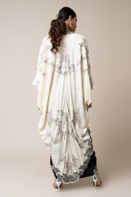 Shop_Nupur Kanoi_Off White Crepe, Silk, Satin Mirrors, Pearls, And Embroidered Cape Skirt Set _at_Aza_Fashions
