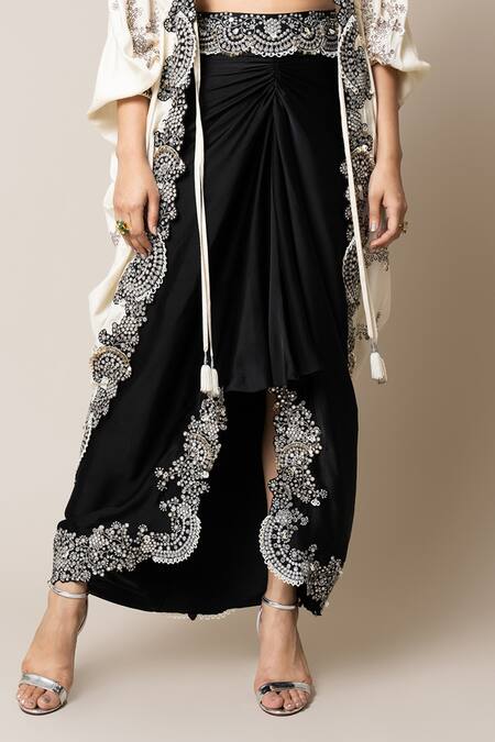 Nupur Kanoi_Off White Crepe, Silk, Satin Mirrors, Pearls, And Embroidered Cape Skirt Set _Online_at_Aza_Fashions
