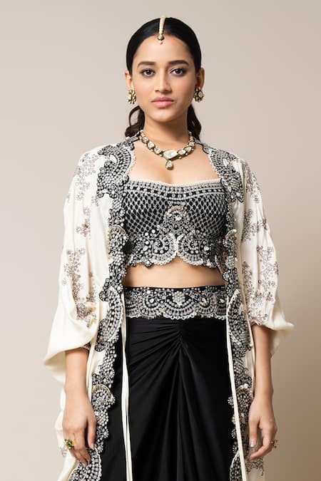 Buy_Nupur Kanoi_Off White Crepe, Silk, Satin Mirrors, Pearls, And Embroidered Cape Skirt Set _Online_at_Aza_Fashions