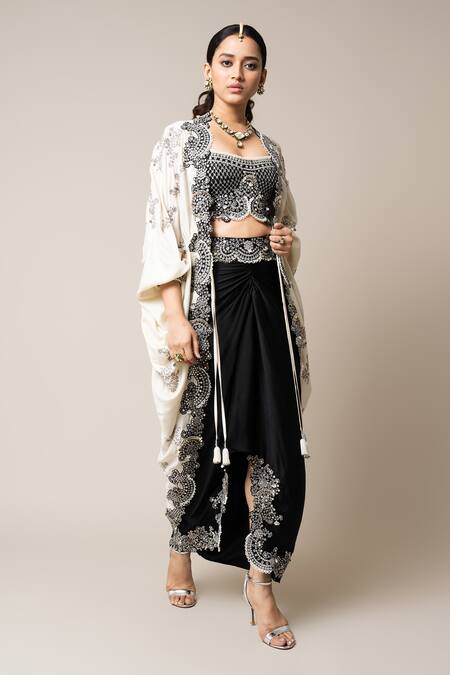 Shop_Nupur Kanoi_Off White Crepe, Silk, Satin Mirrors, Pearls, And Embroidered Cape Skirt Set _Online_at_Aza_Fashions