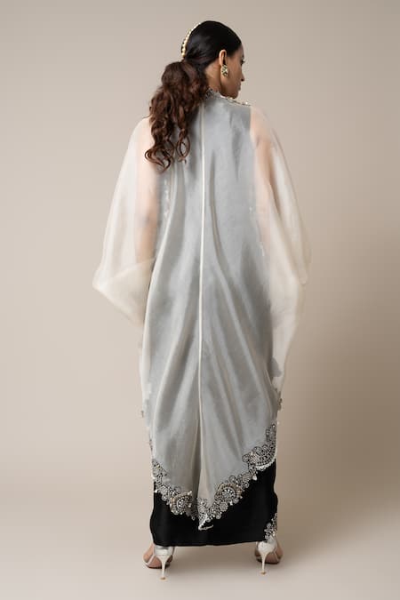 Shop_Nupur Kanoi_Off White Satin, Crepe Pearls, Metallic Embroidered Scallop Cape Skirt Set _at_Aza_Fashions