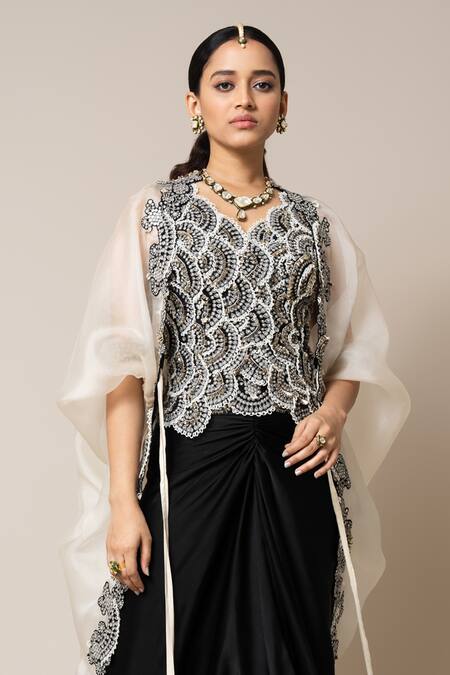 Buy Nupur Kanoi Off White Satin, Crepe Pearls, Metallic Embroidered Scallop Cape Skirt Set Online at Aza Fashions Buy_Nupur Kanoi_Off White Satin, Crepe Pearls, Metallic Embroidered Scallop Cape Skirt Set _Online_at_Aza_Fashions