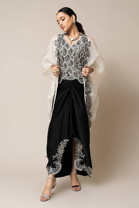 Shop_Nupur Kanoi_Off White Satin, Crepe Pearls, Metallic Embroidered Scallop Cape Skirt Set _Online_at_Aza_Fashions