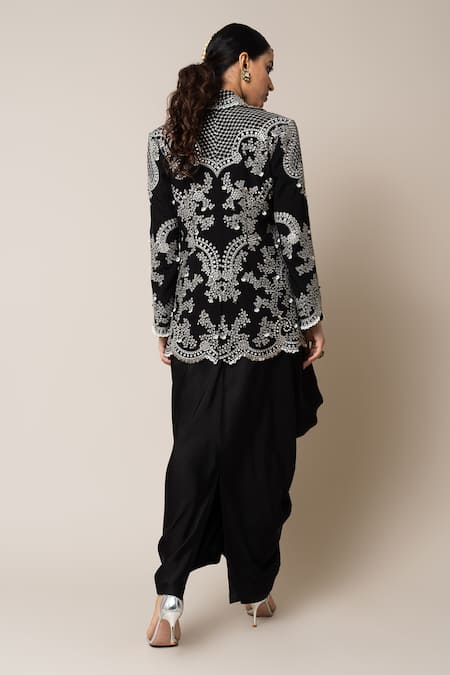 Shop_Nupur Kanoi_Black Satin, Crepe Pearls, Sequins, Neckline Embroidered Sack Dress With Blazer _at_Aza_Fashions