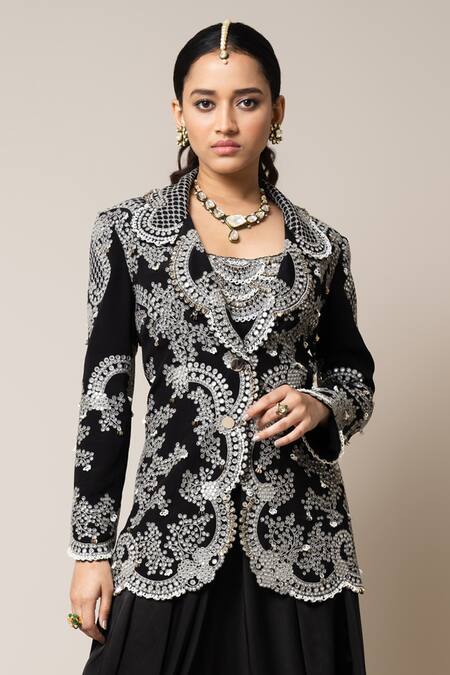 Nupur Kanoi Black Satin, Crepe Pearls, Sequins, Neckline Embroidered Sack Dress With Blazer Online at Aza Fashions Nupur Kanoi_Black Satin, Crepe Pearls, Sequins, Neckline Embroidered Sack Dress With Blazer _Online_at_Aza_Fashions