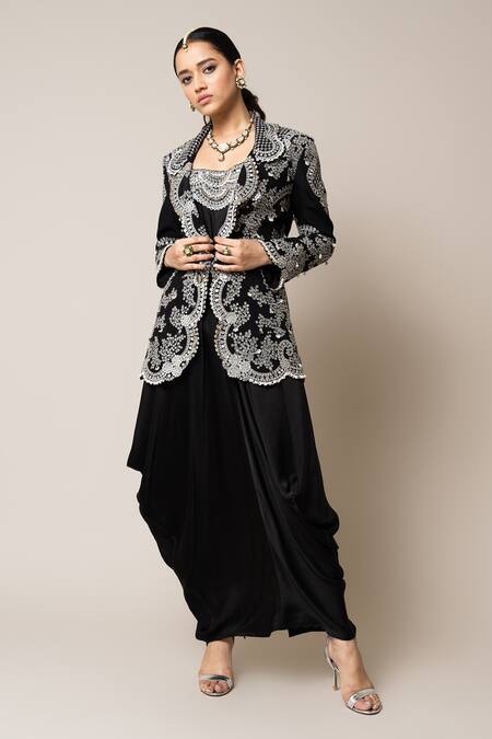 Buy_Nupur Kanoi_Black Satin, Crepe Pearls, Sequins, Neckline Embroidered Sack Dress With Blazer _Online_at_Aza_Fashions