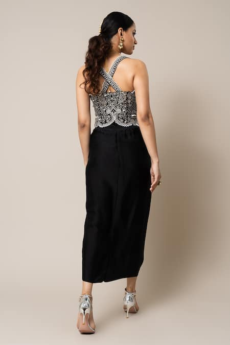 Shop_Nupur Kanoi_Black Crepe, Satin Pearls, Sequins, Hand Embroidered Corset And Pick Up Skirt Set _at_Aza_Fashions