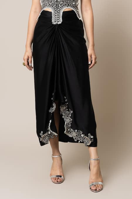 Nupur Kanoi_Black Crepe, Satin Pearls, Sequins, Hand Embroidered Corset And Pick Up Skirt Set _Online_at_Aza_Fashions
