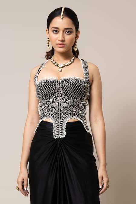 Buy_Nupur Kanoi_Black Crepe, Satin Pearls, Sequins, Hand Embroidered Corset And Pick Up Skirt Set _Online_at_Aza_Fashions