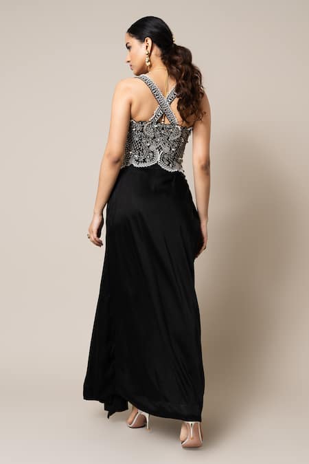 Shop_Nupur Kanoi_Black Crepe, Satin Pearls, Swarovski Embroidered Corset And Gathered Skirt Set _at_Aza_Fashions