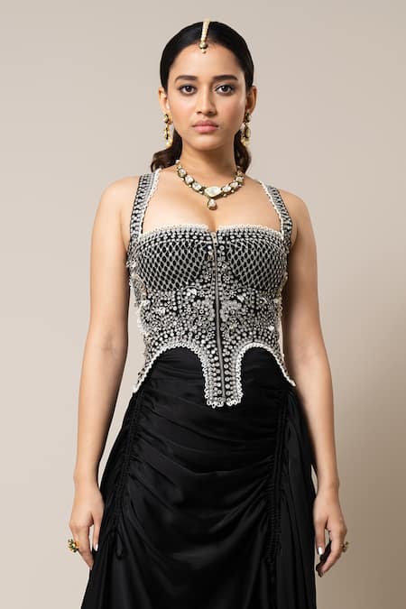 Nupur Kanoi_Black Crepe, Satin Pearls, Swarovski Embroidered Corset And Gathered Skirt Set _Online_at_Aza_Fashions