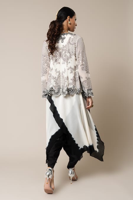 Shop_Nupur Kanoi_Black Satin, Georgette Mirrors, Neckline Embroidered Jumpsuit With Waistcoat _at_Aza_Fashions