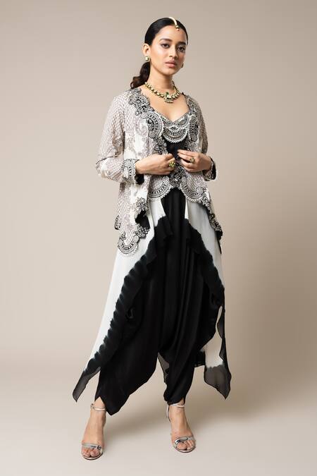 Nupur Kanoi_Black Satin, Georgette Mirrors, Neckline Embroidered Jumpsuit With Waistcoat _Online_at_Aza_Fashions