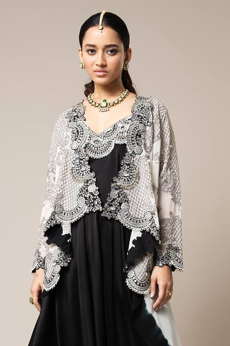 Buy_Nupur Kanoi_Black Satin, Georgette Mirrors, Neckline Embroidered Jumpsuit With Waistcoat _Online_at_Aza_Fashions