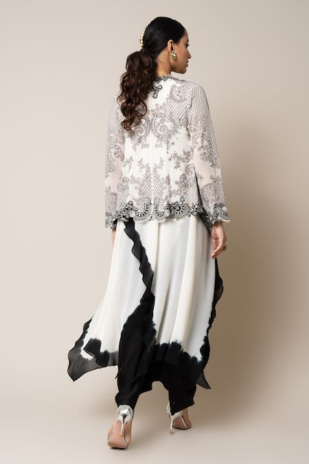 Shop_Nupur Kanoi_Black Satin, Georgette Mirrors Neckline Embroidered Sack Dress With Layered Cape _at_Aza_Fashions