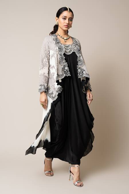 Nupur Kanoi_Black Satin, Georgette Mirrors Neckline Embroidered Sack Dress With Layered Cape _Online_at_Aza_Fashions