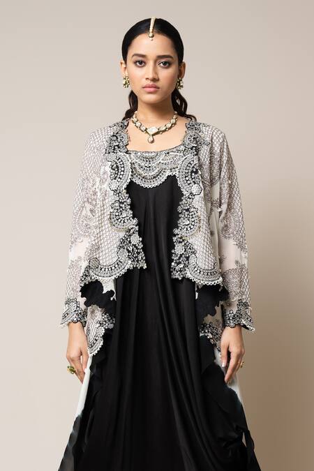 Buy_Nupur Kanoi_Black Satin, Georgette Mirrors Neckline Embroidered Sack Dress With Layered Cape _Online_at_Aza_Fashions