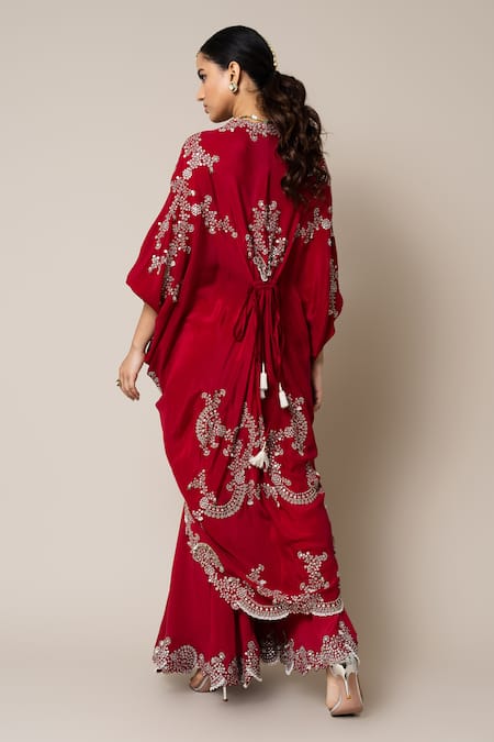 Shop_Nupur Kanoi_Red Crepe Mirrors, Pearls, Sequins, Hand Embroidered Gathered Top And Gharara Set _at_Aza_Fashions