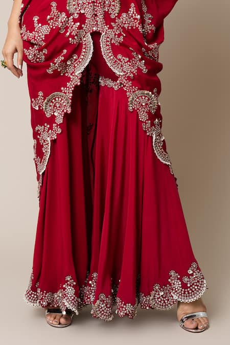 Nupur Kanoi_Red Crepe Mirrors, Pearls, Sequins, Hand Embroidered Gathered Top And Gharara Set _Online_at_Aza_Fashions