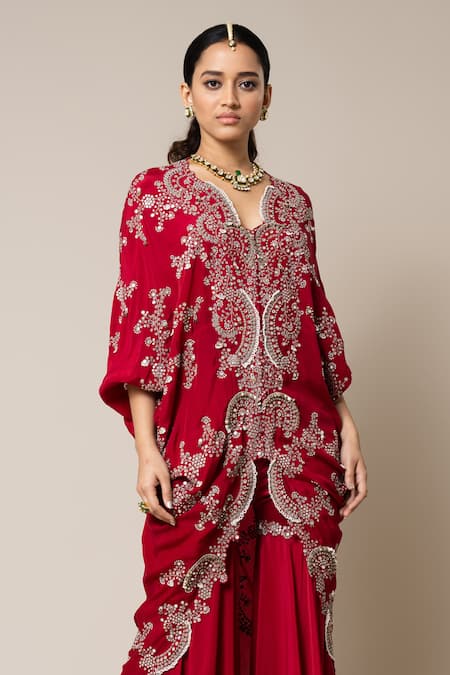 Buy_Nupur Kanoi_Red Crepe Mirrors, Pearls, Sequins, Hand Embroidered Gathered Top And Gharara Set _Online_at_Aza_Fashions