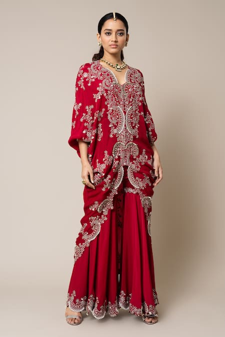Shop_Nupur Kanoi_Red Crepe Mirrors, Pearls, Sequins, Hand Embroidered Gathered Top And Gharara Set _Online_at_Aza_Fashions