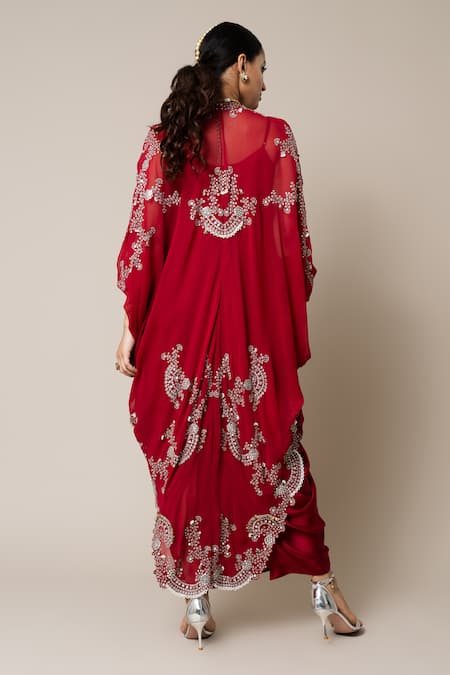 Nupur Kanoi Scallop Neckline Embroidered Dress With Cape 