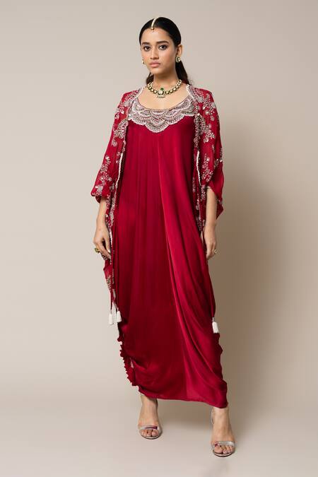 Nupur Kanoi_Red Satin, Georgette Mirrors, Scallop Neckline Embroidered Dress With Cape _Online_at_Aza_Fashions