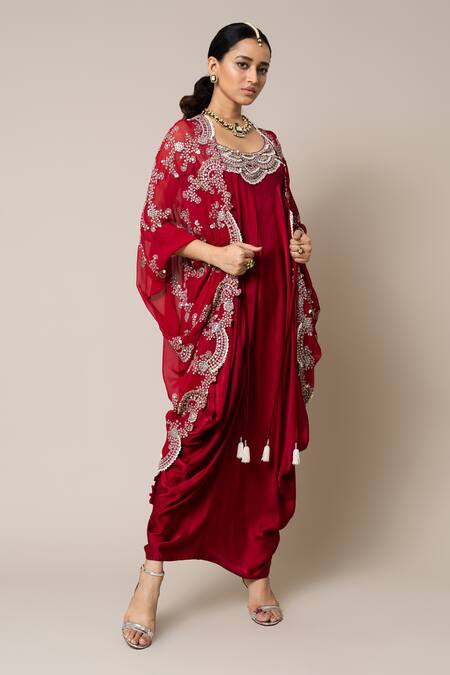 Buy_Nupur Kanoi_Red Satin, Georgette Mirrors, Scallop Neckline Embroidered Dress With Cape _Online_at_Aza_Fashions