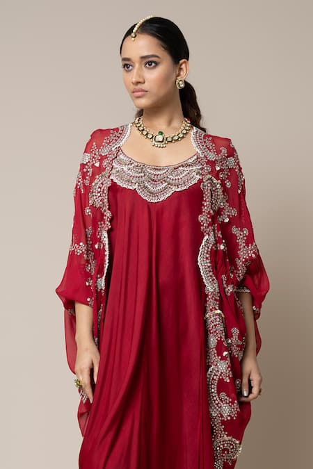 Shop_Nupur Kanoi_Red Satin, Georgette Mirrors, Scallop Neckline Embroidered Dress With Cape _Online_at_Aza_Fashions