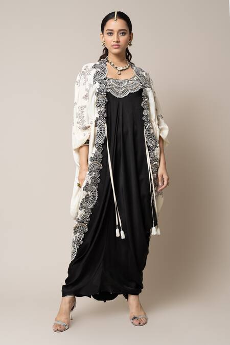 Buy_Nupur Kanoi_Black Satin, Georgette Pearls Round Neck Scallop Embroidered Dress With Cape _Online_at_Aza_Fashions