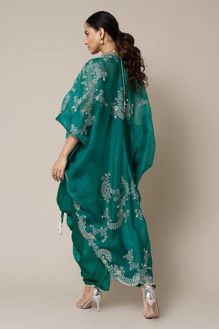 Shop_Nupur Kanoi_Green Satin, Georgette Mirrors, Pearls, Neckline Embroidered Dress With Cape _at_Aza_Fashions
