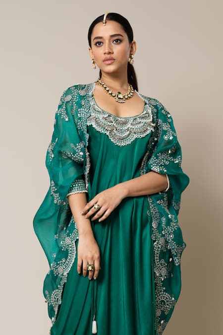 Nupur Kanoi_Green Satin, Georgette Mirrors, Pearls, Neckline Embroidered Dress With Cape _Online_at_Aza_Fashions
