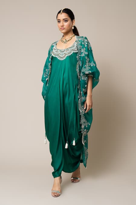 Buy_Nupur Kanoi_Green Satin, Georgette Mirrors, Pearls, Neckline Embroidered Dress With Cape _Online_at_Aza_Fashions