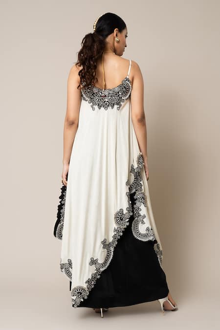 Shop_Nupur Kanoi_Off White Silk, Satin Pearls, Border Embroidered Top And Gathered Skirt Set _at_Aza_Fashions