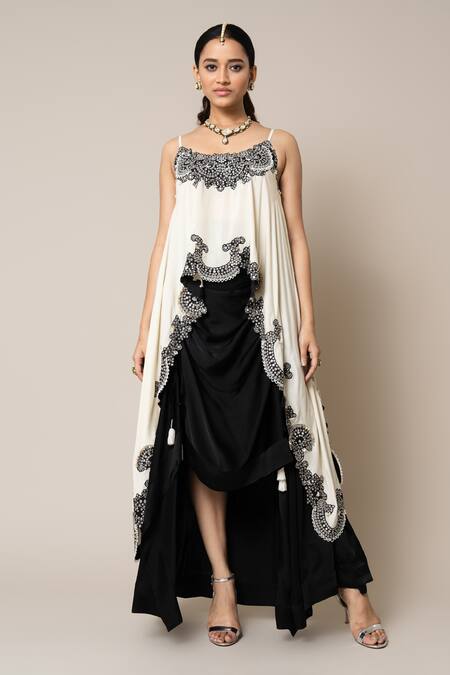 Nupur Kanoi_Off White Silk, Satin Pearls, Border Embroidered Top And Gathered Skirt Set _Online_at_Aza_Fashions