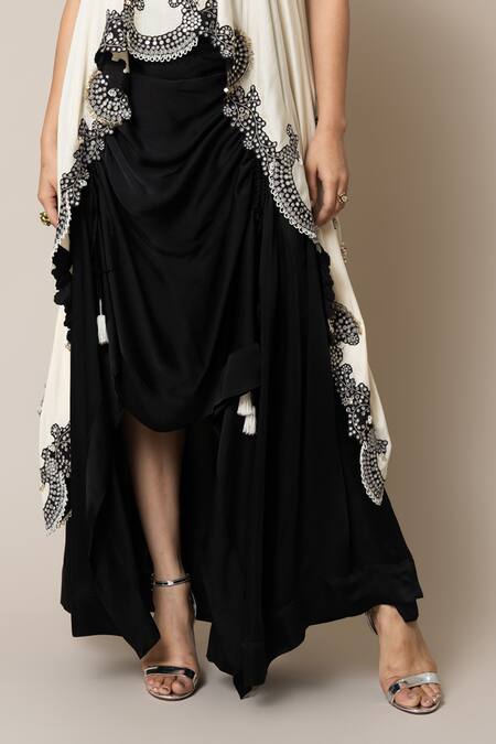 Buy_Nupur Kanoi_Off White Silk, Satin Pearls, Border Embroidered Top And Gathered Skirt Set _Online_at_Aza_Fashions