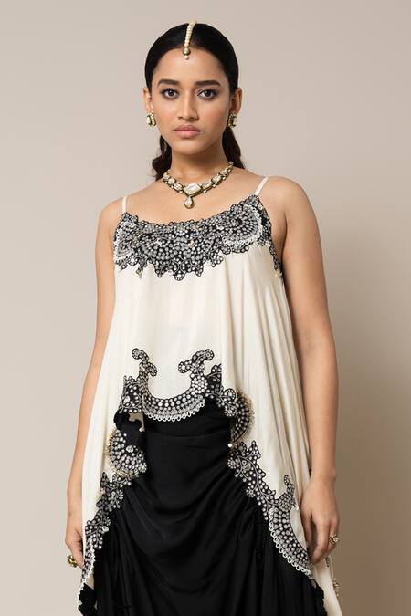 Shop_Nupur Kanoi_Off White Silk, Satin Pearls, Border Embroidered Top And Gathered Skirt Set _Online_at_Aza_Fashions