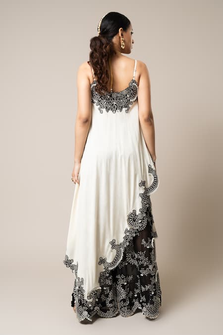 Shop_Nupur Kanoi_Off White Silk, Georgette Mirrors, Swarovski Embroidered Top And Flared Pant Set _at_Aza_Fashions