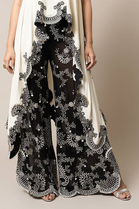 Nupur Kanoi_Off White Silk, Georgette Mirrors, Swarovski Embroidered Top And Flared Pant Set _Online_at_Aza_Fashions