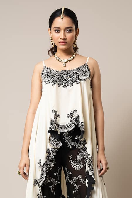 Buy_Nupur Kanoi_Off White Silk, Georgette Mirrors, Swarovski Embroidered Top And Flared Pant Set _Online_at_Aza_Fashions