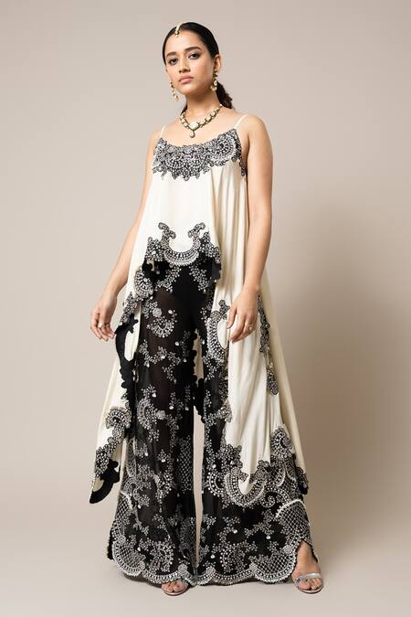 Shop_Nupur Kanoi_Off White Silk, Georgette Mirrors, Swarovski Embroidered Top And Flared Pant Set _Online_at_Aza_Fashions
