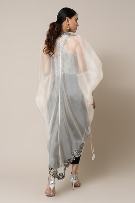 Shop_Nupur Kanoi_Off White Crepe, Organza, Satin Mirrors, Pearls, Hand Kite Cape Skirt Set _at_Aza_Fashions