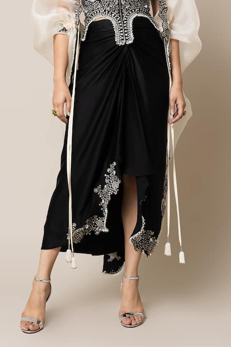 Nupur Kanoi_Off White Crepe, Organza, Satin Mirrors, Pearls, Hand Kite Cape Skirt Set _Online_at_Aza_Fashions