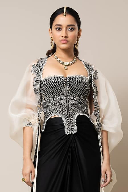 Buy_Nupur Kanoi_Off White Crepe, Organza, Satin Mirrors, Pearls, Hand Kite Cape Skirt Set _Online_at_Aza_Fashions