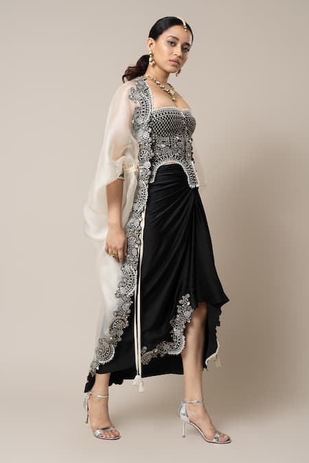 Shop_Nupur Kanoi_Off White Crepe, Organza, Satin Mirrors, Pearls, Hand Kite Cape Skirt Set _Online_at_Aza_Fashions