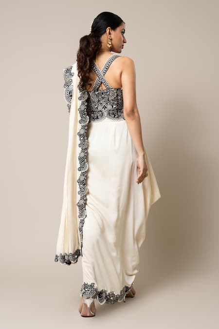 Shop_Nupur Kanoi_Off White Silk, Crepe Border Embroidered Pre-draped Slit Saree With Corset _at_Aza_Fashions