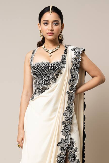 Buy Nupur Kanoi Off White Silk, Crepe Border Embroidered Pre-draped Slit Saree With Corset Online at Aza Fashions Buy_Nupur Kanoi_Off White Silk, Crepe Border Embroidered Pre-draped Slit Saree With Corset _Online_at_Aza_Fashions
