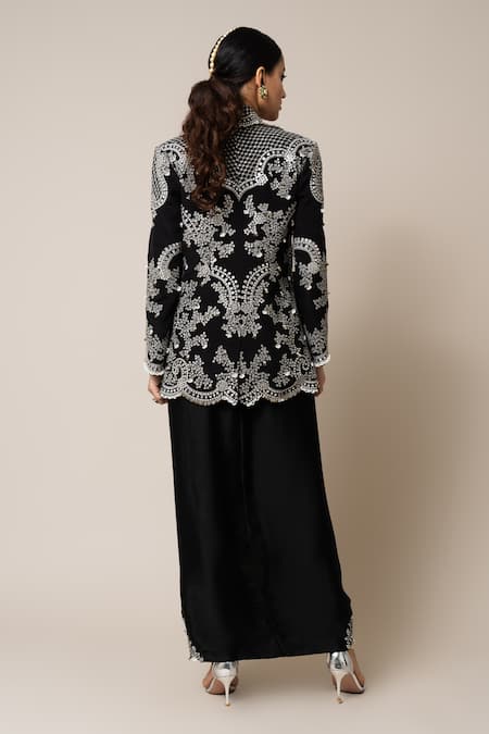 Shop_Nupur Kanoi_Black Crepe, Satin Pearls, Stones, Sequins Hand Embroidered Blazer Skirt Set _at_Aza_Fashions