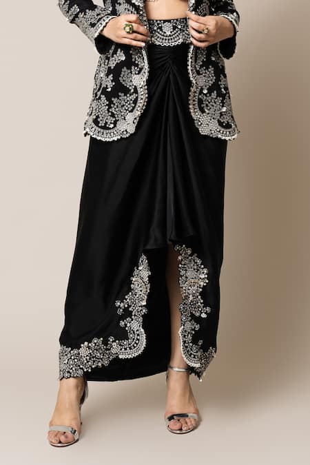 Nupur Kanoi_Black Crepe, Satin Pearls, Stones, Sequins Hand Embroidered Blazer Skirt Set _Online_at_Aza_Fashions